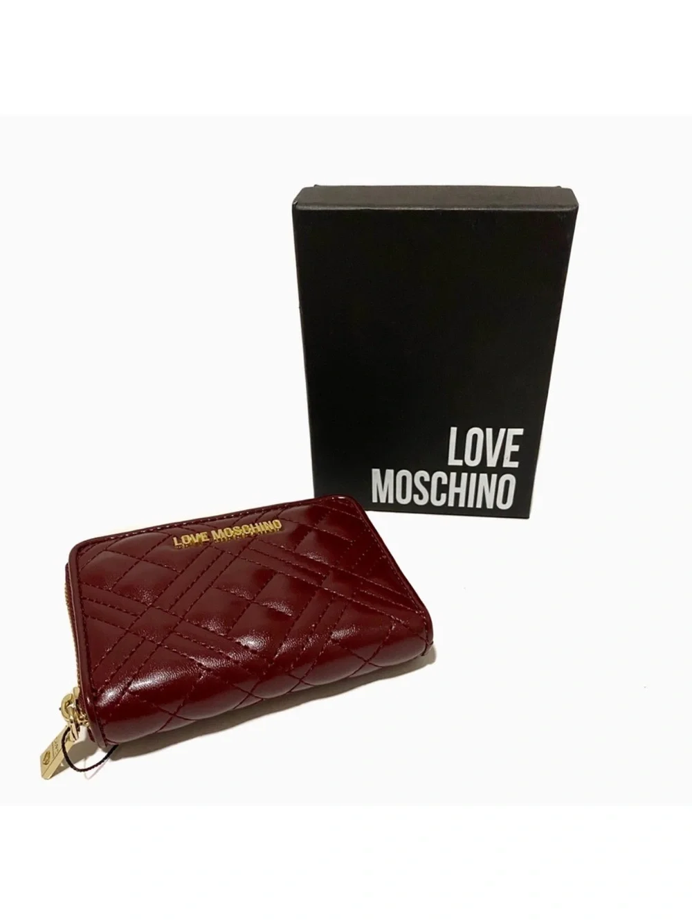 MOSCHINO Love Moschino Burgundy Quilted Gold Logo Zip-Around Wallet NWT